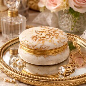 Vintage Vanity Dish Gold Leaf & White Porcelain Jewelry Box Lid Chateau Cottage